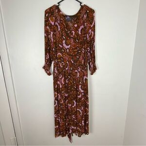 Democracy Womens 1X Brown/Pink Long Sleeve Floral Midi Dress Beachy Boho Gauzy